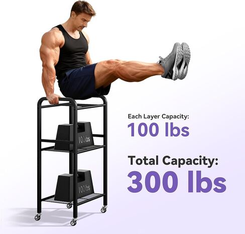 3-Tier Heavy-Duty Home Gym Storage Rack with Hooks and Smooth Wheels for Workout Gear in Kuwait