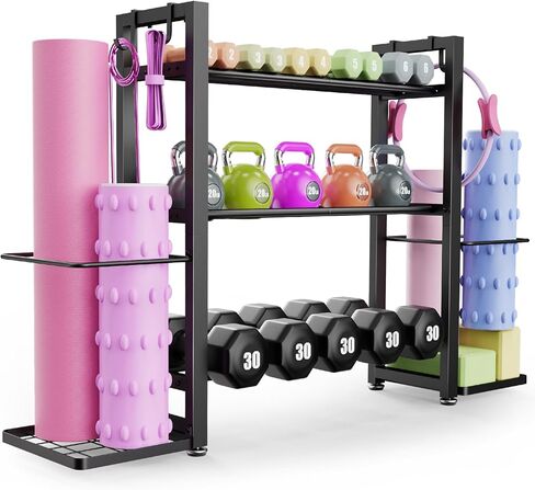 3-Tier Small Adjustable Dumbbell Rack, 450LBS Capacity Home Gym Weight Rack with Yoga Mat Holder & Hooks, Space Saving Workout Equipment Storage Organizer, Tool-free Assembly in Saudi Arabia