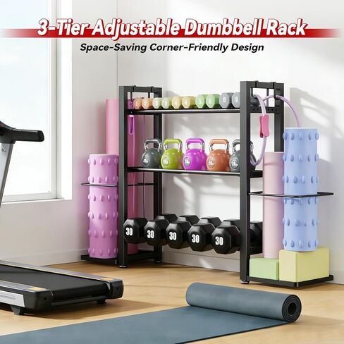 3-Tier Small Adjustable Dumbbell Rack, 450LBS Capacity Home Gym Weight Rack with Yoga Mat Holder & Hooks, Space Saving Workout Equipment Storage Organizer, Tool-free Assembly in Saudi Arabia