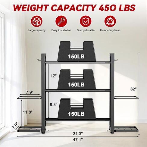 3-Tier Small Adjustable Dumbbell Rack, 450LBS Capacity Home Gym Weight Rack with Yoga Mat Holder & Hooks, Space Saving Workout Equipment Storage Organizer, Tool-free Assembly in Saudi Arabia