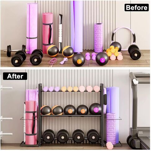 3-Tier Small Adjustable Dumbbell Rack, 450LBS Capacity Home Gym Weight Rack with Yoga Mat Holder & Hooks, Space Saving Workout Equipment Storage Organizer, Tool-free Assembly in Saudi Arabia