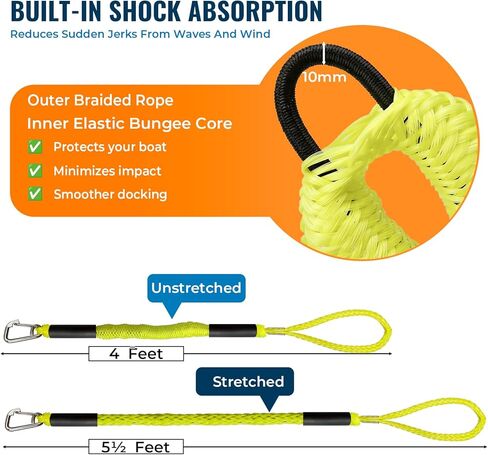 قطعتان من خطوط القوارب المطاطية الفاخرة بطول 4 أقدام، حلقة ممتدة 27 سم مع ملحقات قارب بمشبك من الفولاذ المقاوم للصدأ 316 للرسو لدراجات Jet Ski، SeaDoo، Yamaha WaveRunner Dinghy Pontoon Accessories (أصفر نيون) in Kuwait