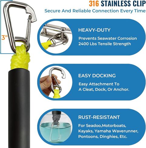 قطعتان من خطوط القوارب المطاطية الفاخرة بطول 4 أقدام، حلقة ممتدة 27 سم مع ملحقات قارب بمشبك من الفولاذ المقاوم للصدأ 316 للرسو لدراجات Jet Ski، SeaDoo، Yamaha WaveRunner Dinghy Pontoon Accessories (أصفر نيون) in Kuwait