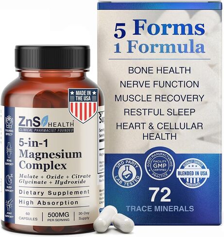 طيف مركب المغنيسيوم 5 في 1 5 غليسينات المغنيسيوم من ZnS Health ، Malate ، سيترات ، أكسيد ، هيدروكسيد للطاقة ، الأعصاب ، العضلات ، النوم ، المفاصل ، امتصاص مرتفع 500 ملغ 60 كبسولات نباتية غير GMO in Saudi Arabia