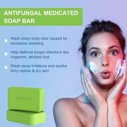 قالب صابون طبي مضاد للفطريات، علاج عدوى الخميرة للرياضيين، حكة جوك القدم للرجال، قالب صابون للجسم بزيت شجرة الشاي مع زيت شجرة الشاي الطبيعي، وزيت الأوكالبتوس وزيت اللافندر، قطعتان in Kuwait