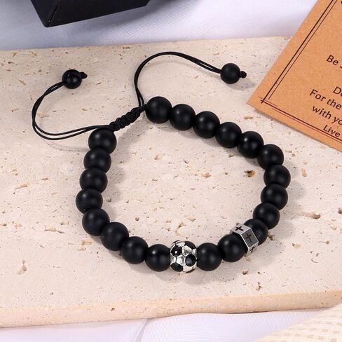 Soccer Bracelet for Men, Adjustable Cross Beaded Sports Football Bracelet Jewelry with Card for Son Grandson Players Team Fans & Friends Gift (Black Matte) in Saudi Arabia