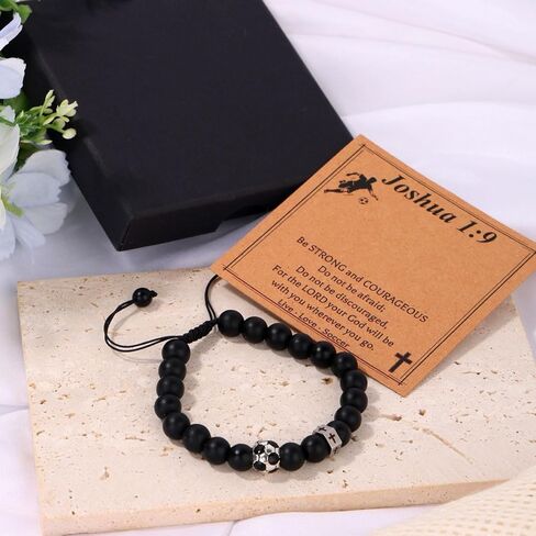 Soccer Bracelet for Men, Adjustable Cross Beaded Sports Football Bracelet Jewelry with Card for Son Grandson Players Team Fans & Friends Gift (Black Matte) in Saudi Arabia
