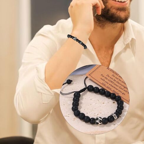 Soccer Bracelet for Men, Adjustable Cross Beaded Sports Football Bracelet Jewelry with Card for Son Grandson Players Team Fans & Friends Gift (Black Matte) in Saudi Arabia