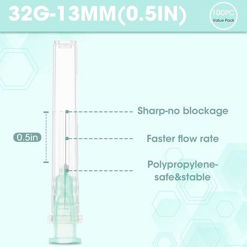 إبرة قفل لور 32 جيجا 1/2 بوصة مع غطاء - إبر 32 جرام للاستعمال مرة واحدة لإعادة التعبئة الدقيقة للمواد اللاصقة والأحبار والمواد اللاصقة، معقمة مغلفة بشكل فردي، صندوق مكون من 100 قطعة in Kuwait