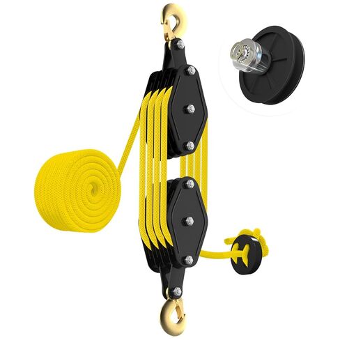 Rope Hoist Pulley System, 4400LB Pulley Block and Tackle, 8:1 Ratio Lifting Power 65ft, Heavy Duty Pulley Block for Hunting Lifting Heavy Objects Garage Warehouses Building (Yellow) in Kuwait