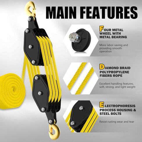 Rope Hoist Pulley System, 4400LB Pulley Block and Tackle, 8:1 Ratio Lifting Power 65ft, Heavy Duty Pulley Block for Hunting Lifting Heavy Objects Garage Warehouses Building (Yellow) in Kuwait