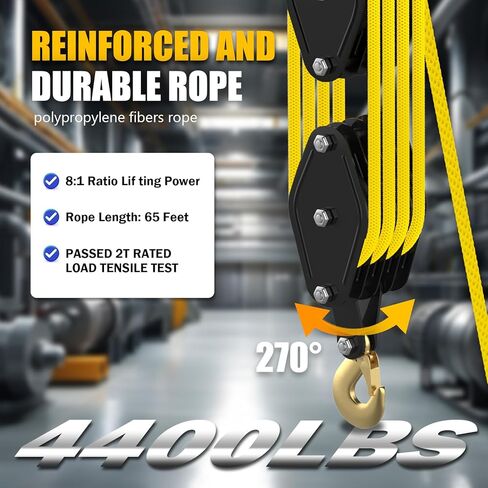 Rope Hoist Pulley System, 4400LB Pulley Block and Tackle, 8:1 Ratio Lifting Power 65ft, Heavy Duty Pulley Block for Hunting Lifting Heavy Objects Garage Warehouses Building (Yellow) in Kuwait