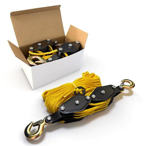 Rope Hoist Pulley System, 4400LB Pulley Block and Tackle, 8:1 Ratio Lifting Power 65ft, Heavy Duty Pulley Block for Hunting Lifting Heavy Objects Garage Warehouses Building (Yellow) in Kuwait