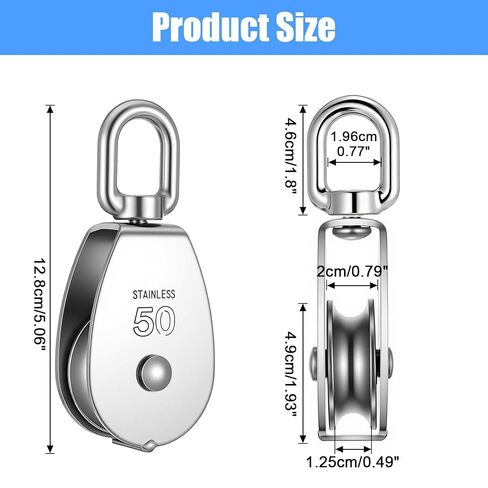 2PCS M50 Stainless Steel Heavy Duty Single Pulley Snatch Block with Swivel Hook, 2" Sheave for 3/8" Rope (800 LBS WLL) in Kuwait