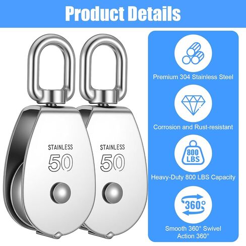2PCS M50 Stainless Steel Heavy Duty Single Pulley Snatch Block with Swivel Hook, 2" Sheave for 3/8" Rope (800 LBS WLL) in Kuwait