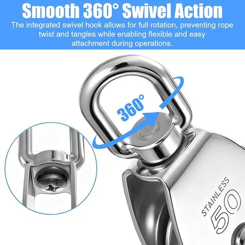 2PCS M50 Stainless Steel Heavy Duty Single Pulley Snatch Block with Swivel Hook, 2" Sheave for 3/8" Rope (800 LBS WLL) in Kuwait