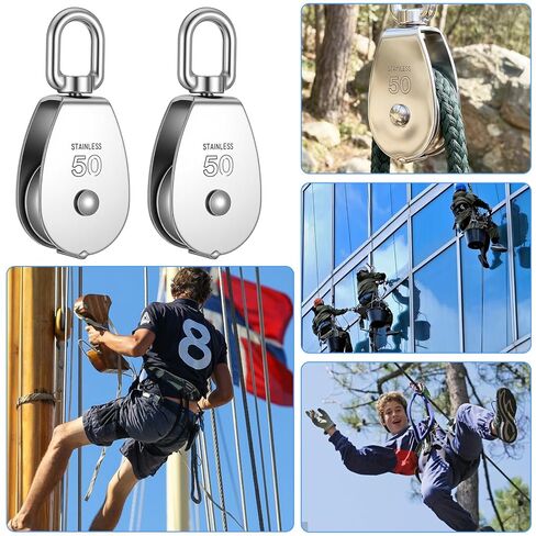 2PCS M50 Stainless Steel Heavy Duty Single Pulley Snatch Block with Swivel Hook, 2" Sheave for 3/8" Rope (800 LBS WLL) in Kuwait