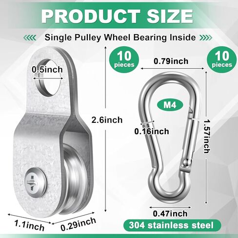 10 Set 2.6 x 1.1 Inch Small Single Pulley Block with M4 Spring Snap Hook for 6mm/ 0.23 and 8mm/ 0.31'' Wire Rope Crane Pulley Hanging Towing Wheel Bearing for Lifting Crane Camping Fishing in Saudi Arabia