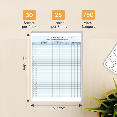 HIPAA Compliant Patient Sign-in Sheets - 30 Pack Carbonless Medical Forms with Peel-Off Labels, Date Column for Doctor’s Office, Dental Clinic, 750 Lables, Blue in Saudi Arabia