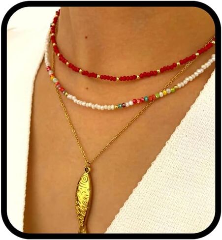 Fish Necklace, Gold Layered Beach Summer Y2k Pendant Necklaces Beachy Choker Beaded Charm Non Tarnish Statement Dainty Stack Stainless Steel Anniversary Holiday Jewelry Gift in Kuwait