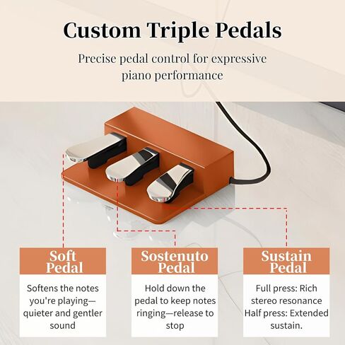 لوحة مفاتيح بيانو رقمية مكونة من 88 مفتاحًا مع حامل و3 دواسات، بيانو كهربائي كامل للوحة المفاتيح للمبتدئين، بيانو رقمي منزلي بخاصية المطرقة مع وضع المكتب، مقبس سماعة الرأس، USB-MIDI، بني in Kuwait
