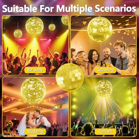 12/16/20 Inch Mirror Disco Ball - Hanging Glass Reflective Ball for Parties, Weddings & Home Decor (Golden/Pink, with Hanging Ring) (Gold 16in) in Saudi Arabia