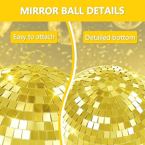 12/16/20 Inch Mirror Disco Ball - Hanging Glass Reflective Ball for Parties, Weddings & Home Decor (Golden/Pink, with Hanging Ring) (Gold 16in) in Saudi Arabia