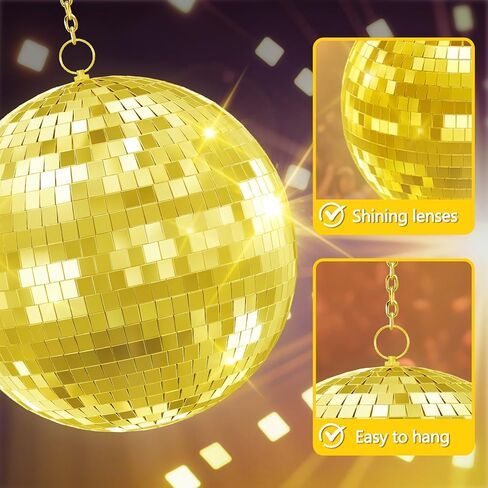 12/16/20 Inch Mirror Disco Ball - Hanging Glass Reflective Ball for Parties, Weddings & Home Decor (Golden/Pink, with Hanging Ring) (Gold 16in) in Saudi Arabia