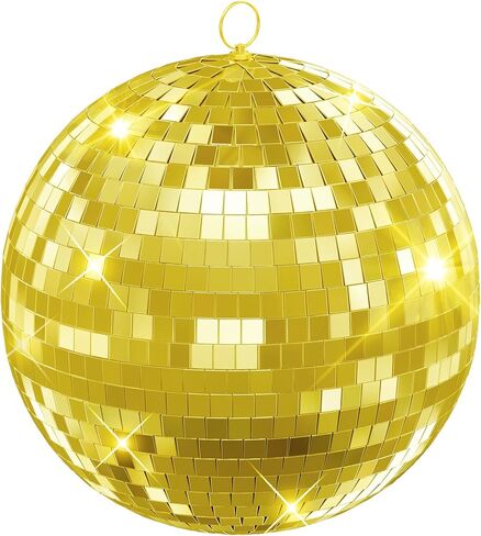 12/16/20 Inch Mirror Disco Ball - Hanging Glass Reflective Ball for Parties, Weddings & Home Decor (Golden/Pink, with Hanging Ring) (Gold 16in) in Saudi Arabia