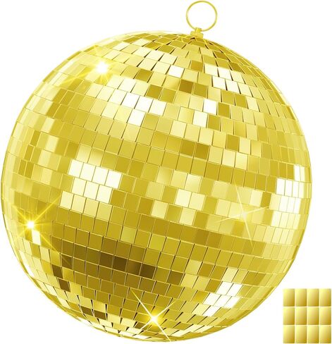 12/16/20 Inch Mirror Disco Ball - Hanging Glass Reflective Ball for Parties, Weddings & Home Decor (Golden/Pink, with Hanging Ring) (Gold 16in) in Saudi Arabia