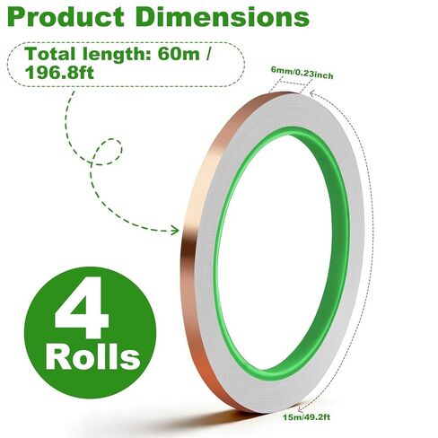 4 Pack Copper Tape, 1/4inch X 196.8FT Double-Sided Conductive Copper Foil Tape, Copper Tape Conductive Adhesive for EMI Shielding, Electrical Repairs, Guitars, Grounding, Craft Decorations in Kuwait
