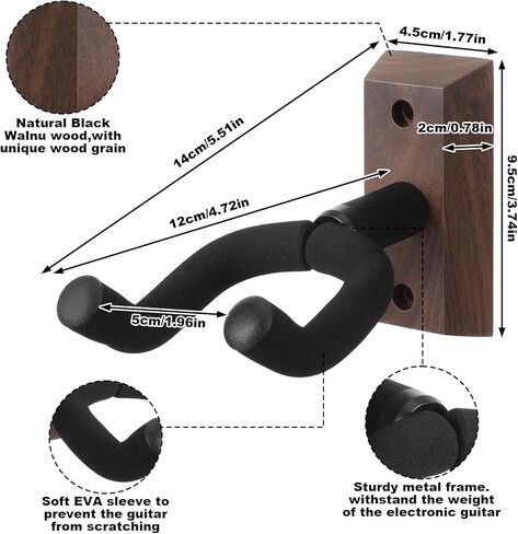 حامل جيتار على الحائط مكون من 4 قطع، حامل جيتار مع خطاف جيتار ناعم قابل للتدوير لجميع أحجام الجيتارات، حامل جيتار من الخشب الصلب على شكل حرف U للجيتار الصوتي والكهربائي والباس والجوز الأسود in Kuwait