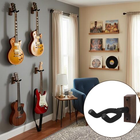 حامل جيتار على الحائط مكون من 4 قطع، حامل جيتار مع خطاف جيتار ناعم قابل للتدوير لجميع أحجام الجيتارات، حامل جيتار من الخشب الصلب على شكل حرف U للجيتار الصوتي والكهربائي والباس والجوز الأسود in Kuwait