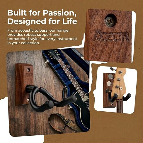 AZOR 3 Pack Black Walnut Guitar Wall Mount Set, U-Shaped Wooden Hanger for Acoustic/Electric Guitars, Bass, Banjo, Premium Wall Hook Holder, Gift for Guitarists & Music Enthusiasts in Saudi Arabia