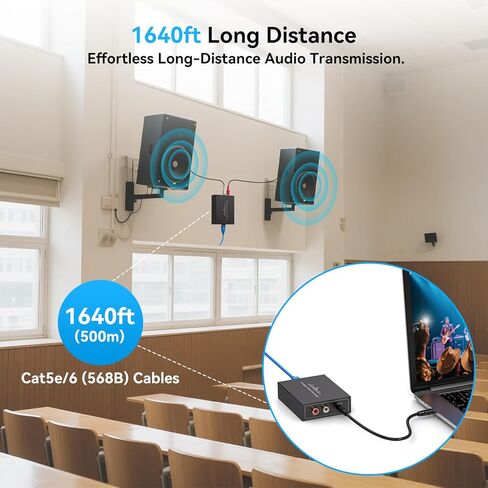 RCA / 3.5 مم موسع الصوت التناظري الاستريو عبر إيثرنت LAN كبل Cat5e / 6 واحد، يصل إلى 1640FT / 500M لا يتطلب طاقة خارجية للمسرح المنزلي والكنيسة AMP لنقل الصوت لمسافات طويلة in Kuwait
