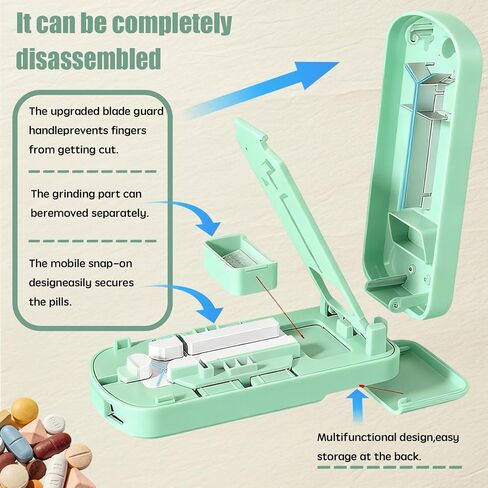 Pill Cutter Splitter - 1/2 1/3 1/4 Tablet Slicer for Tiny Large Pills, Centering Device, Stainless Steel Blade, Pill Crusher for Fine Powder, Portable with Storage Bag, Tweezers & Cleaning Brush in Saudi Arabia