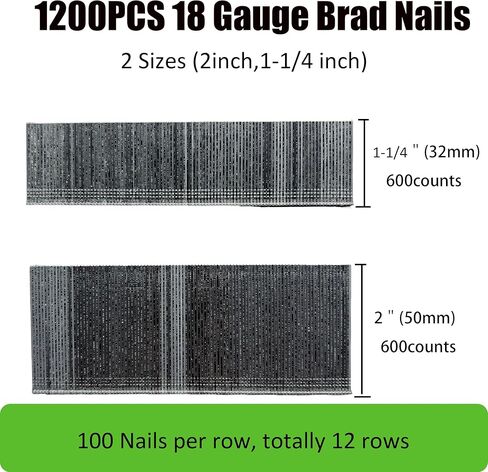 18 Gauge Brad Nails, 1200 Pieces, 2 Sizes (2 Inch, 1-1/4 Inch), Galvanized Finish, Compatible with Pneumatic and Electric Brad Nail Guns in Kuwait