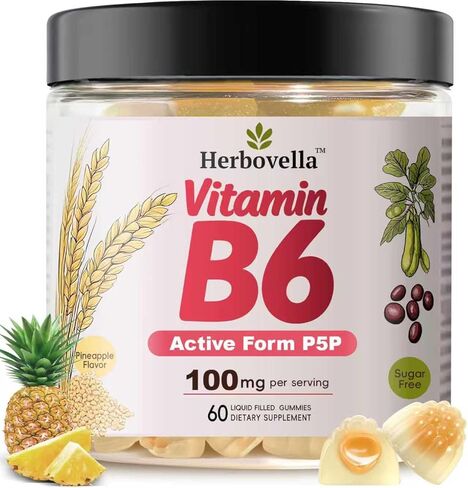 Vitamin B6 Gummies 100mg, Vitamin B6 Supplement P5P for Energy & Nervous System, Sugar Free, Vegan, 60 Liquid-Filled Gummies. in Saudi Arabia