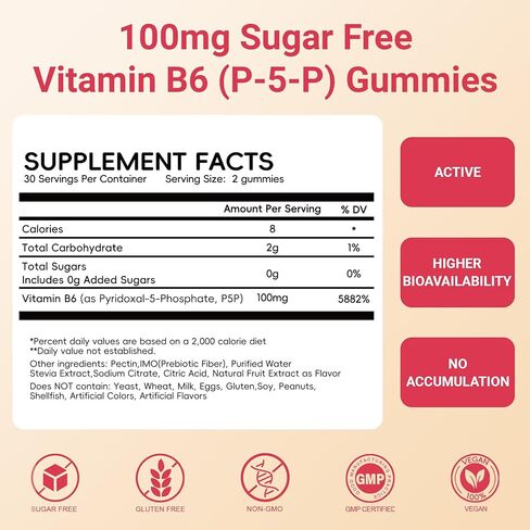 Vitamin B6 Gummies 100mg, Vitamin B6 Supplement P5P for Energy & Nervous System, Sugar Free, Vegan, 60 Liquid-Filled Gummies. in Saudi Arabia