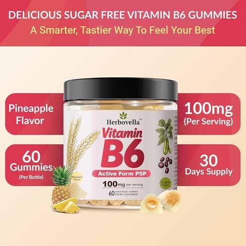 Vitamin B6 Gummies 100mg, Vitamin B6 Supplement P5P for Energy & Nervous System, Sugar Free, Vegan, 60 Liquid-Filled Gummies. in Saudi Arabia