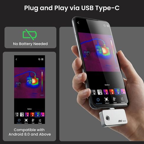 كاميرا تصوير حراري USB-C لنظام Android، تصوير بالأشعة تحت الحمراء للتوصيل والتشغيل، ISR 240 × 240 و25 هرتز، مسح سلس، -4 درجة فهرنهايت إلى 1022 درجة فهرنهايت، أداة بحجم الجيب للكشف عن تسرب المياه، التدفئة والتهوية وتكييف الهواء (HVAC)، فحص كهربائي وDIY in Kuwait