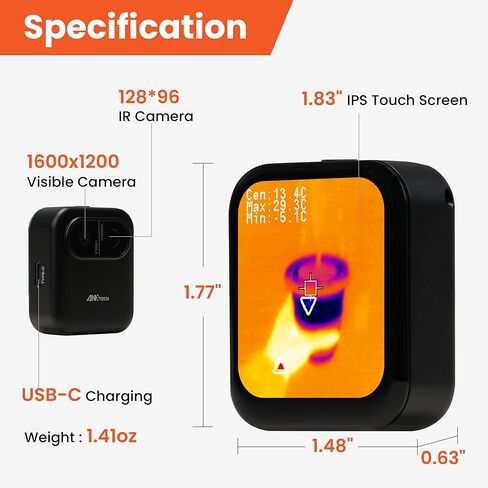 كاميرا تصوير حراري صغيرة لفحص المنزل - كاميرا حرارية بدقة 128 × 96 بالأشعة تحت الحمراء لكشف تسرب الجدار والعزل، تصوير حراري صغير للمبتدئين in Kuwait
