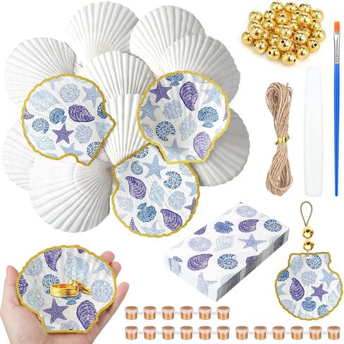 12 Pcs Large Scallop Shells for Crafts 4''-5'' White Natural Shells Bulk with 24 Pcs Decoupage Paper Napkin Acrylic Paint Strips Brushes Gold Bead for Beach Seashells DIY Ornament Jewelry Tray in Kuwait