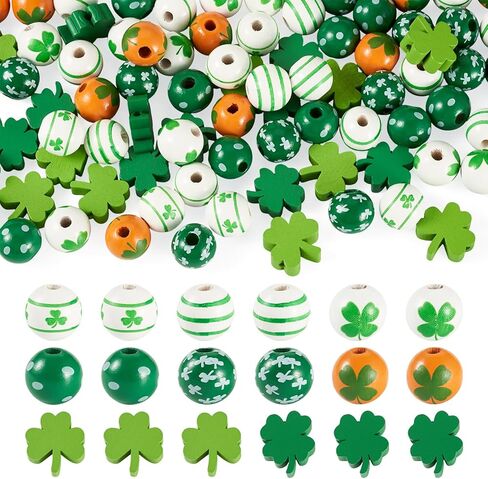 Cheriswelry 200Pcs St. Patrick's Day Wood Beads Green Polished Wood Spacer Bead Farmhouse Wooden Beads 9-16mm for Patrick Day Home Party Decoration DIY Crafts Garland Lanyard in Kuwait