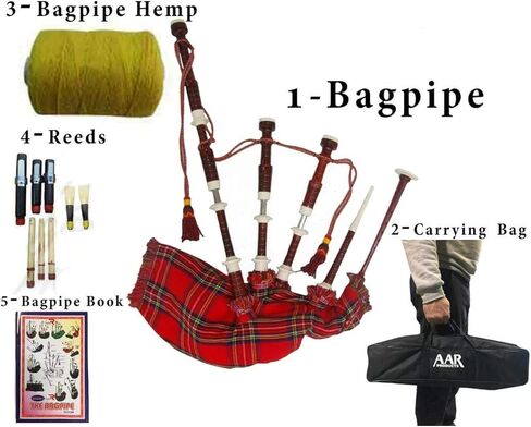 AAR Scottish Full Size Bagpipe Sheesham wood or Red Finish with Silver Plain Mounts, Free Tutor Book, Carrying Bag, Drone, Reeds (Royal Stewart) in Saudi Arabia
