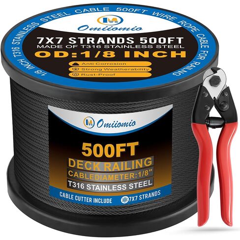 500 Feet 1/8" Black T316 Stainless Steel Cable Wire Rope Aircraft Cable Railing System Deck Cable Railing Hardware 7x7 Strand Indoor Outdoor DIY Balustrade String in Kuwait
