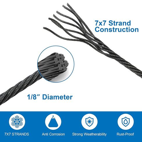 500 Feet 1/8" Black T316 Stainless Steel Cable Wire Rope Aircraft Cable Railing System Deck Cable Railing Hardware 7x7 Strand Indoor Outdoor DIY Balustrade String in Kuwait