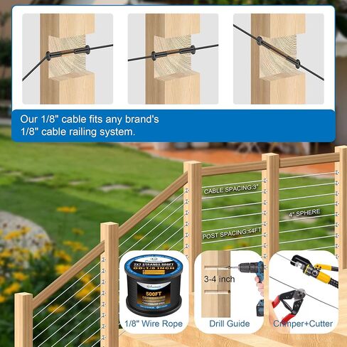 500 Feet 1/8" Black T316 Stainless Steel Cable Wire Rope Aircraft Cable Railing System Deck Cable Railing Hardware 7x7 Strand Indoor Outdoor DIY Balustrade String in Kuwait