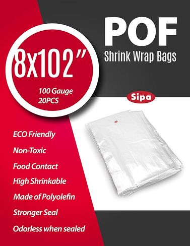 SIPA 8x102 inch 20PCS 100 Gauge POF NON-VENTING HOLE Shrink Wrap Bags Odorless perfect for wrapping stationery, photo frames, soap supplies, oil bottles, homemade DIY craft for sale. in Saudi Arabia