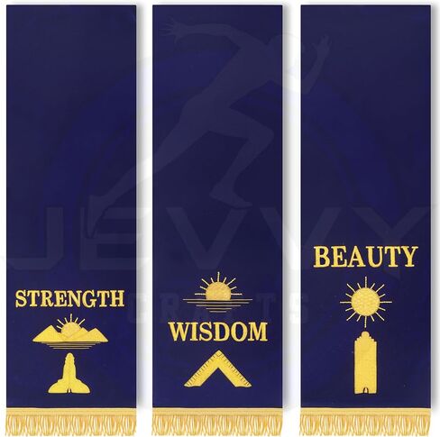 Masonic Blue Lodge Velvet Pedestal Covers Set of 3 - STRENGTH WISDOM BEAUTY Handmade Gold Embroidery - Senior Junior Warden & Worshipful Master Ceremonial Altar Banners - 13x37 Inch in Saudi Arabia